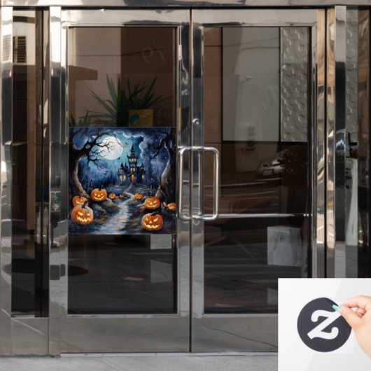 美しいハロウィーンの夜窓にしがみつく ウィンドウサイン (オフィスドア)