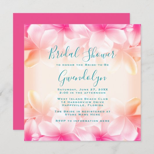 美しいハワイアンフラワーズブライダルシャワースクエア 招待状 (正面/裏面)