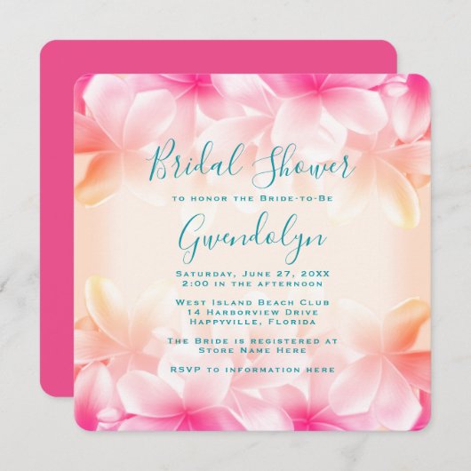 美しいハワイアンフラワーズブライダルシャワースクエア 招待状 (正面/裏面)