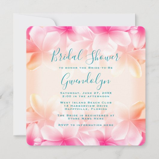 美しいハワイアンフラワーズブライダルシャワースクエア 招待状 (正面)