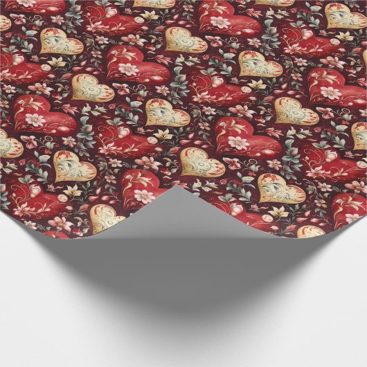 美しいハートと花のヴィンテージ ラッピングペーパー (角)