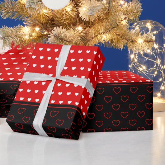 美しいハートの模様、赤、白、黒 ラッピングペーパー (クリスマス)