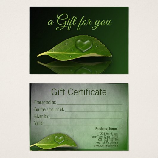 美しいハート状の水滴葉ギフトカード (正面&裏面)