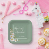 美しいバジルグリーンと白いデイジーのウェディング ペーパープレート (パーティー)