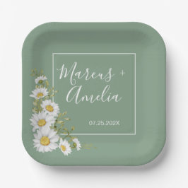 美しいバジルグリーンと白いデイジーのウェディング ペーパープレート