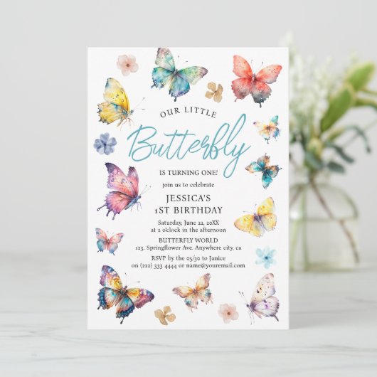 美しいバタフライウォーターカラーガールズ誕生日 招待状 (スタンド正面)