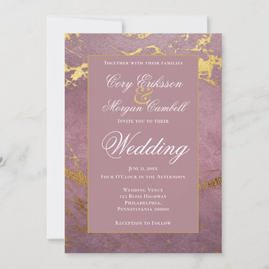 美しいバラとゴールドのマーブル模様のウェディング 案内状 (正面)