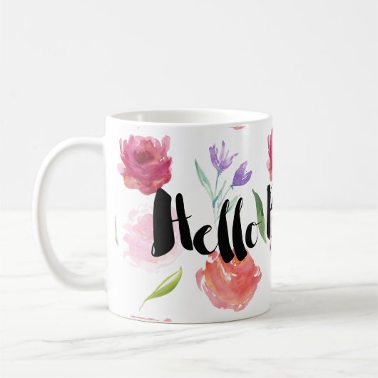 美しいバラの水彩画の花柄こんにちは コーヒーマグカップ (左)