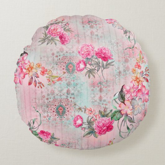 美しいバラヴィンテージ紙テクスチャ ラウンドクッション (正面)