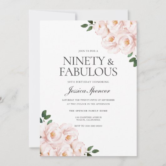 美しいバラ色のエレガントな90歳の誕生日 招待状 (正面)