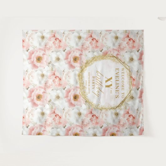 美しいバラ色の花のバースデーフォトブースバナー タペストリー (正面(横))