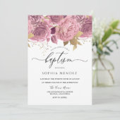 美しいバラ色の花柄ゴールドの女の子の洗礼 招待状 (スタンド正面)