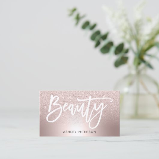 美しいバラ金ゴールドグラデーショングリッター金属箔 名刺 (スタンド正面)