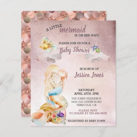 美しいバラ金ゴールドマーメイドベビーシャワー招待状 (正面/裏面)