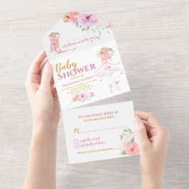 美しいバレリーナ女の子ベビーシャワー オールインワン招待状