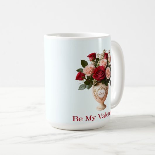 美しいバレンタインデーの花束 青い背景のロマンチックなマグ コーヒーマグカップ (正面右)