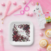 美しいバーガンディローズの花のモノグラム ペーパープレート (パーティー)