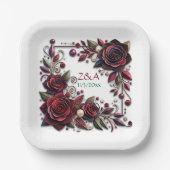 美しいバーガンディローズの花のモノグラム ペーパープレート (正面)