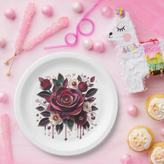 美しいバーガンディローズの花束 ペーパープレート (パーティー)