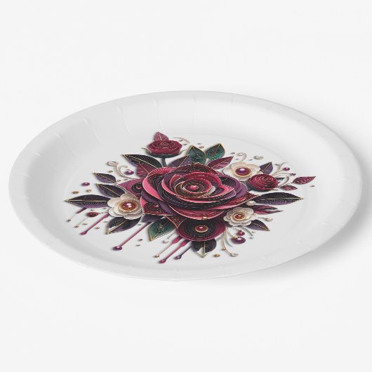 美しいバーガンディローズの花束 ペーパープレート (アングル)