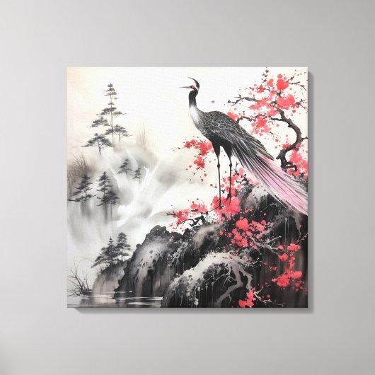 美しいバードピンクさくらんぼ花咲きアジア美術 キャンバスプリント (正面)