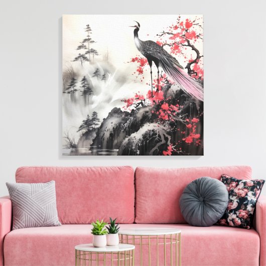 美しいバードピンクさくらんぼ花咲きアジア美術 キャンバスプリント (インサイチュ (リビング))