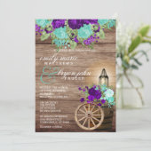 美しいバーンウッドとティール(緑がかった色)&ダークパープルフローラ 招待状 (スタンド正面)