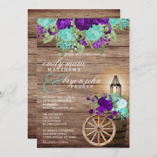 美しいバーンウッドとティール（緑がかった色）&ダークパープルフローラ 招待状 (正面/裏面)
