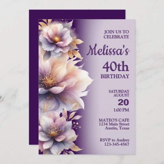 美しいパステルフラワーズバースデーパーティーの招待 招待状 (正面/裏面)