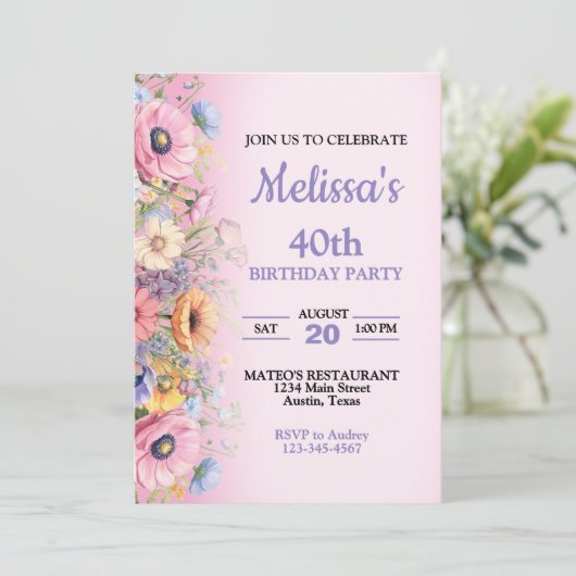 美しいパステルフラワーズバースデーパーティーの招待 招待状 (スタンド正面)