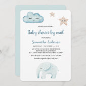 美しいパステルブルーエレファントベビーシャワーバイメール 招待状 (正面/裏面)