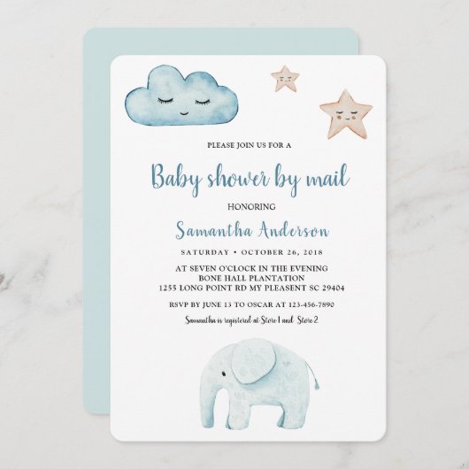 美しいパステルブルーエレファントベビーシャワーバイメール 招待状 (正面/裏面)