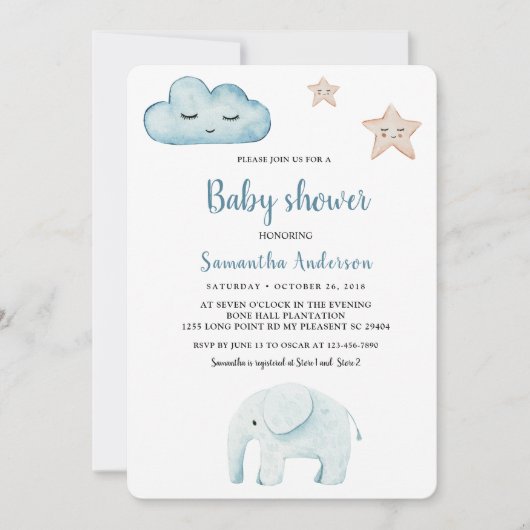 美しいパステルブルーエレファント 招待状 (正面)