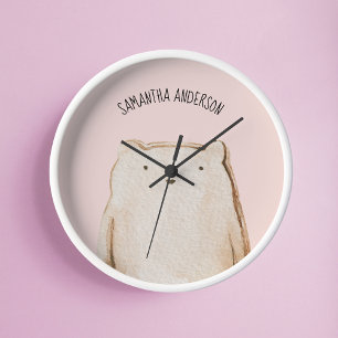 美しいパステルモダンピンクベア（名前付き） ラウンド壁時計