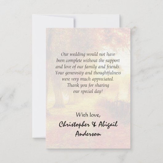 美しいパス秋の木カラフル々秋の結婚式 サンキューカード (裏面)