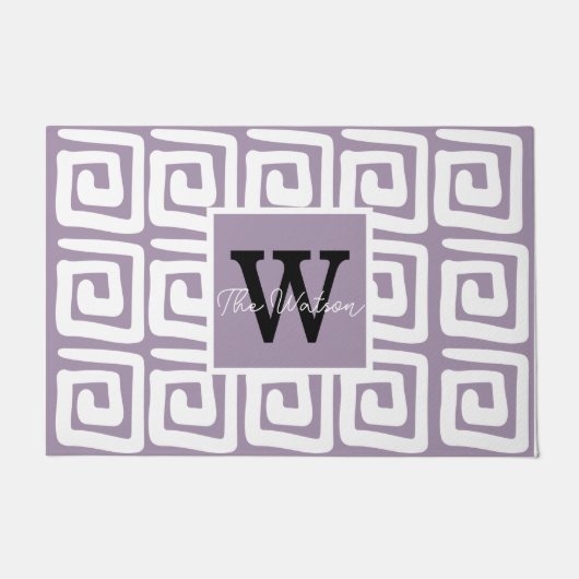 美しいパターンモノグラムのギリシャ鍵紫 ドアマット (正面)