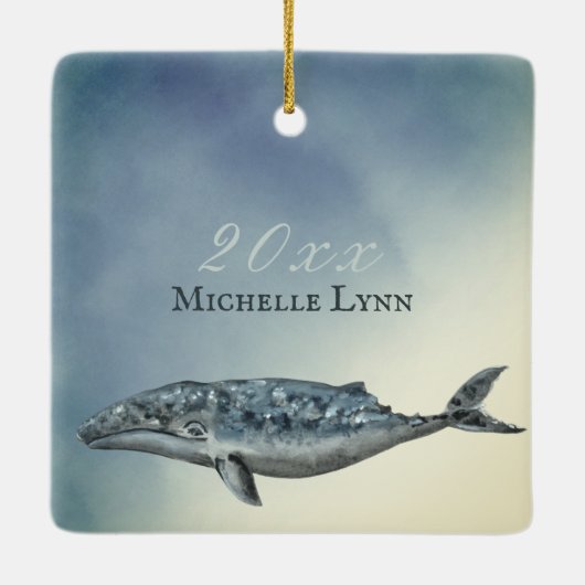 美しいパーソナライズされたグレーホエールクリスマス セラミックオーナメント (裏面)