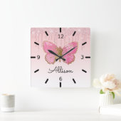美しいパーソナライズされたピンクの蝶 スクエア壁時計 (ホーム)