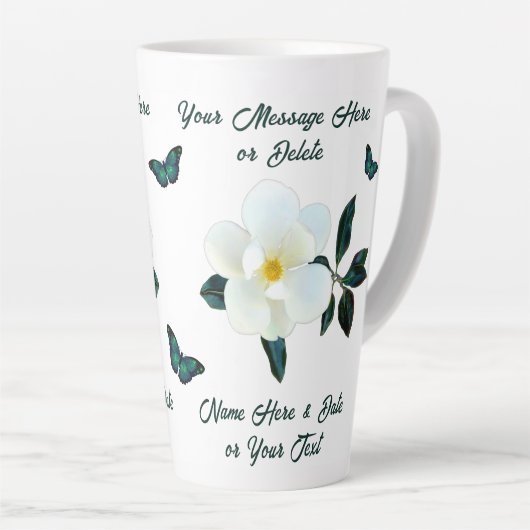 美しいパーソナライズされたマグノリアマグカップ、蝶 カフェラテマグ (右アングル)