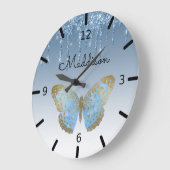 美しいパーソナライズされた青い蝶の大きな時計 ラージ壁時計 (傾斜)
