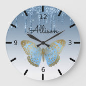 美しいパーソナライズされた青い蝶 ラージ壁時計 (正面)