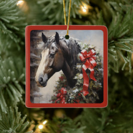 美しいパーソナライズされた馬とリースクリスマス セラミックオーナメント