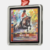 美しいパーソナライズされた馬のジャンプのクリスマス メタルオーナメント (左)