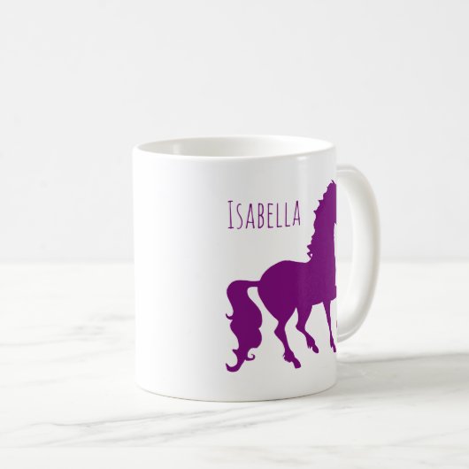 美しいパーソナライズな紫色のユニコーンのシルエット コーヒーマグカップ (正面右)