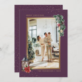 美しいパープルゴールドの水彩フォトクリスマス シーズンカード (正面/裏面)
