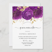 美しいパープル＆ゴールドの花柄スパークル キンセアニエラ 招待状 (正面)