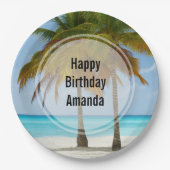 美しいパームツリーズオンザトロピカルビーチ誕生日 ペーパープレート (正面)