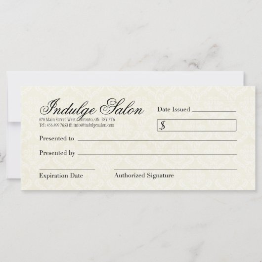 美しいパーラーのギフト券 (裏面)