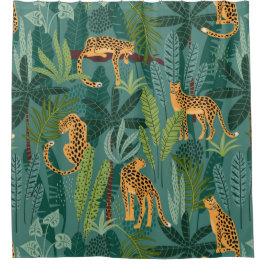 美しいヒョウと熱帯葉の シャワーカーテン