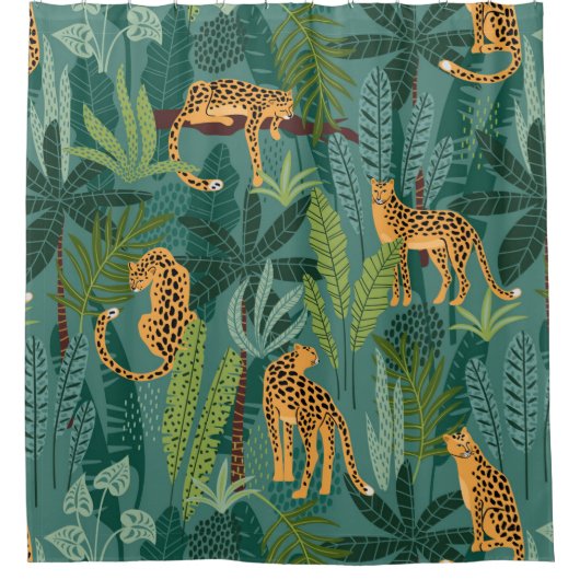 美しいヒョウと熱帯葉の シャワーカーテン (正面)